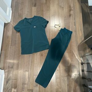 Figs Catarina one-pocket scrub top and Livingston scrub pants in Caribbean blue